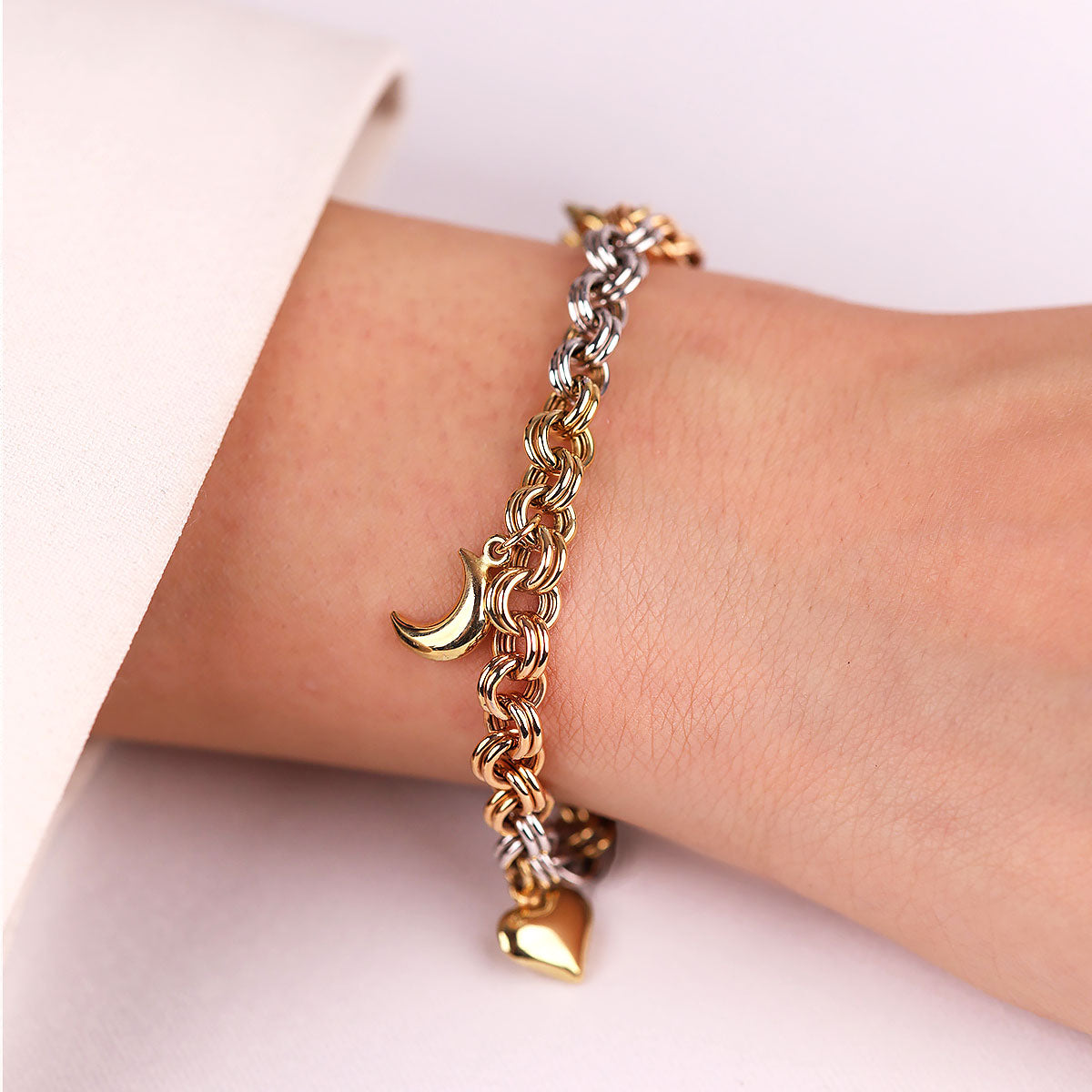 Modern Tasarım Ay ve Kalp Detaylı 14 Ayar Altın Zincir Bileklik