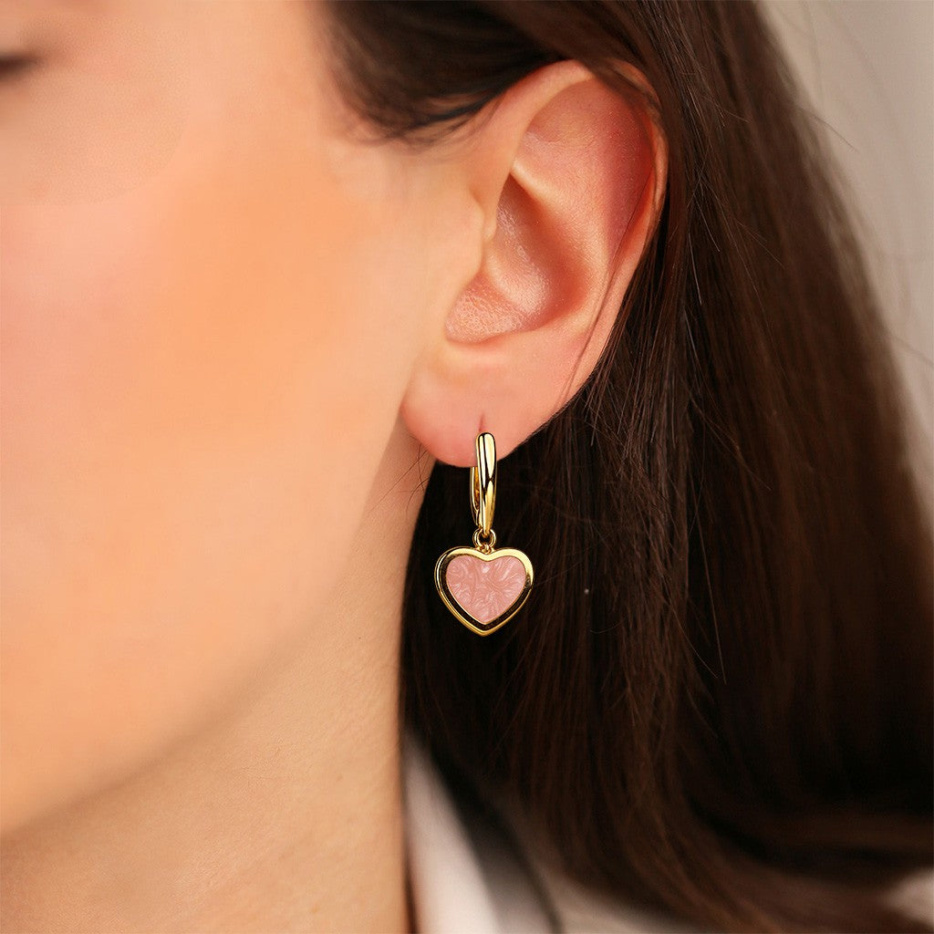 Cetaş Love & Heart Serisi  Pembe Mineli 14 Ayar Altın Küpe