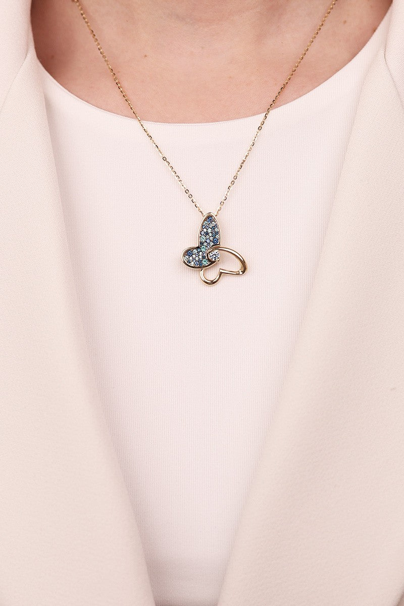 Cetaş Eterna Serisi Kelebek Detaylı Taşlı 14 Ayar Altın Kolye