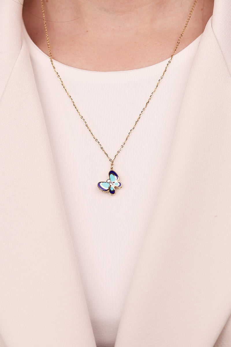 Cetaş Eterna Serisi  Kelebek Temalı MAvi Mine Detaylı 14 Ayar Alttın Kolye