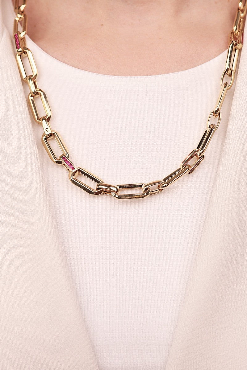 Cetaş Eterna Serisi Kalın Zincir Magenta Taş Detaylı 14 Ayar Altın Kolye