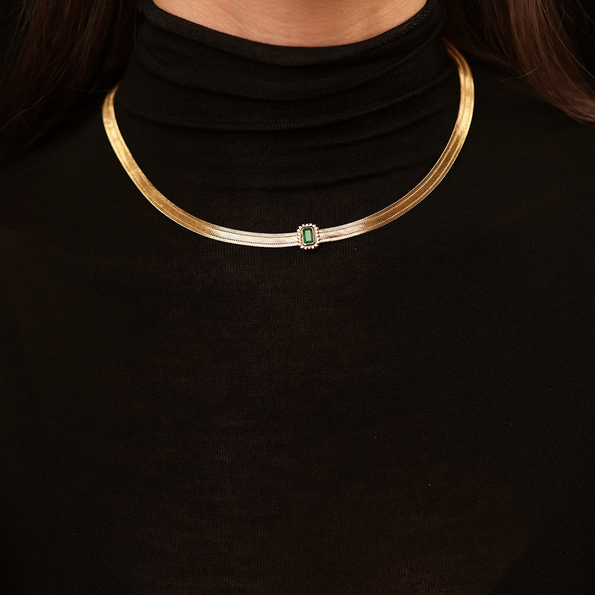 Elizi Pırlanta Zümrütlü 3 Sıra Trabzon Hasır 14 Ayar Altın Kolye