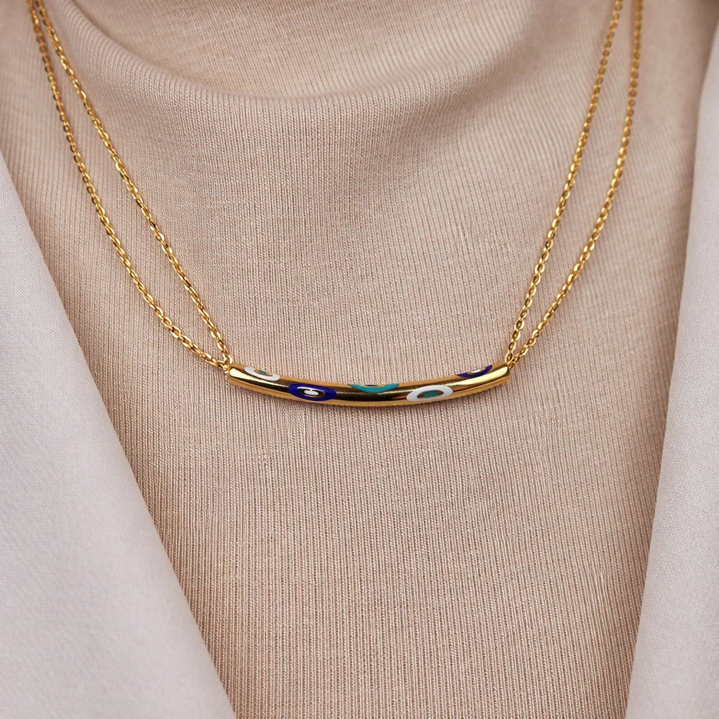 Nazar Boncuklu Çift Zincirli 14 Ayar Altın Kolye - Nur Kuyumculuk