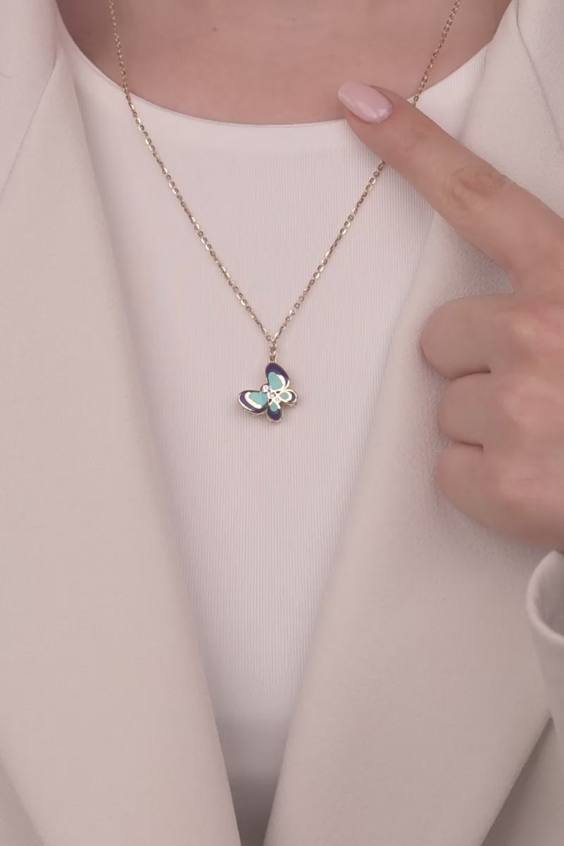 Cetaş Eterna Serisi  Kelebek Temalı MAvi Mine Detaylı 14 Ayar Alttın Kolye