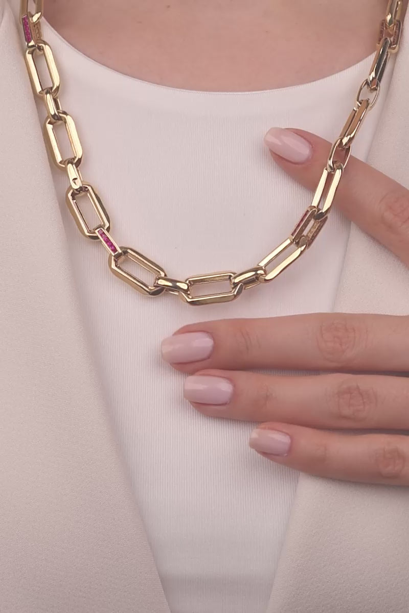 Cetaş Eterna Serisi Kalın Zincir Magenta Taş Detaylı 14 Ayar Altın Kolye