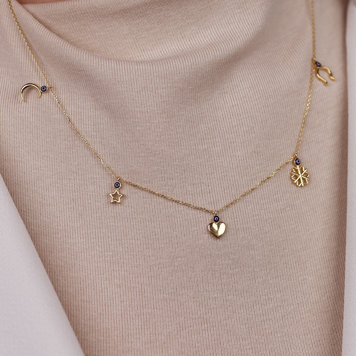 Yıldız, Hilal, Kalp, Kar tanesi,Nal Figürlü Zincirli 14 Ayar Altın Kolye - Nur Kuyumculuk